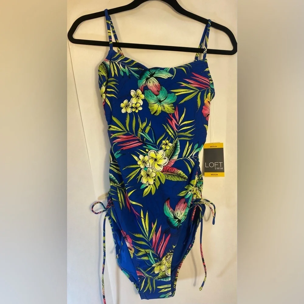 NWT Loft Women's Shirred Side Tie One-Piece Swimsuit Blue Tropical Size Medium - Picture 6 of 14